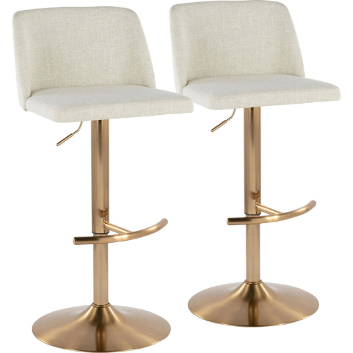 Toriano Adjustable Swivel Bar Stool in Cream Fabric & Gold (Set of 2)